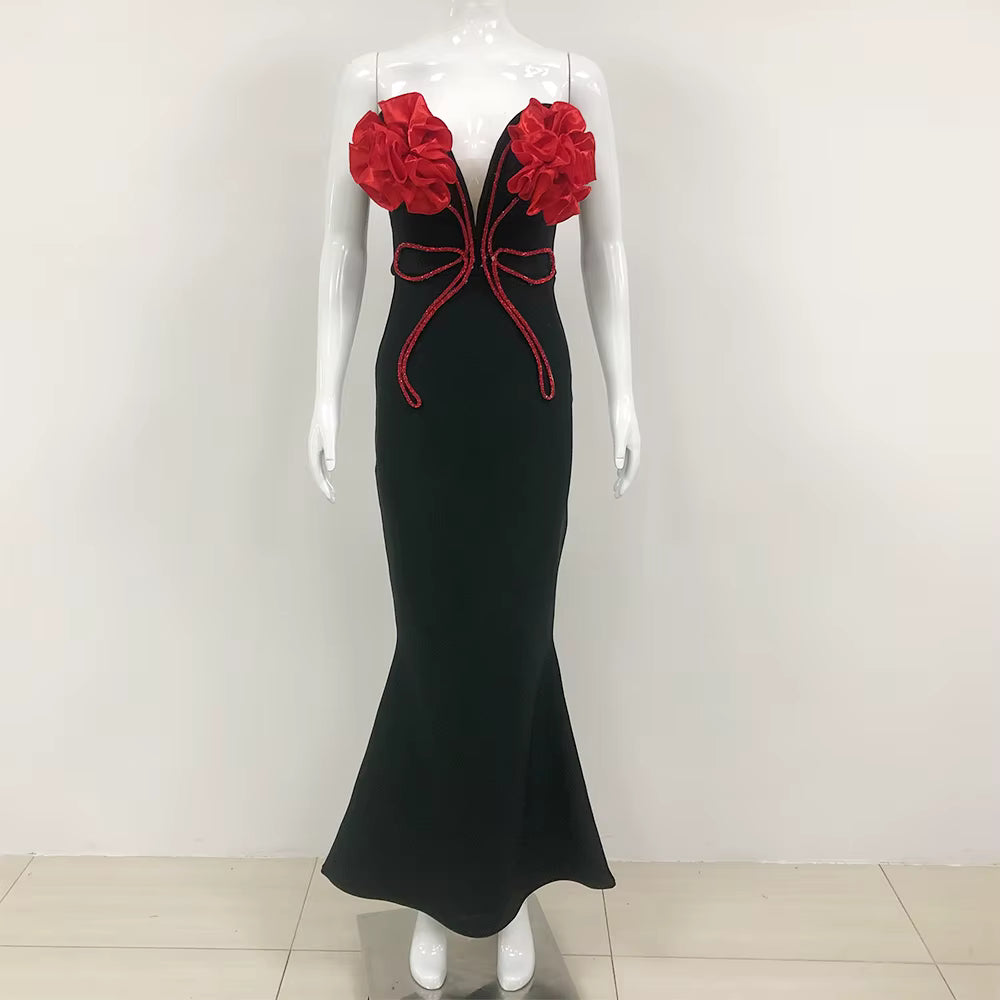 Elegant Florals Strapless Off the Shoulder Bodycon Bandage Long Maxi Dress