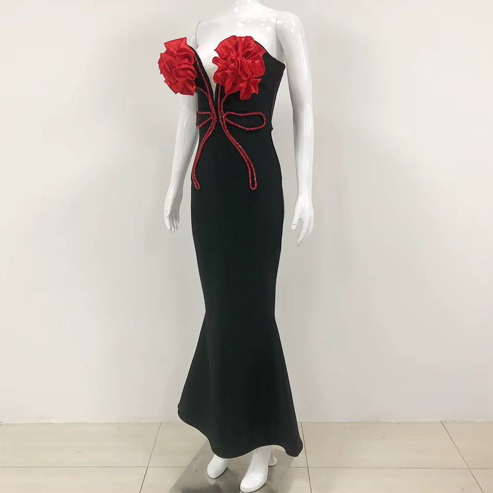 Elegant Florals Strapless Off the Shoulder Bodycon Bandage Long Maxi Dress