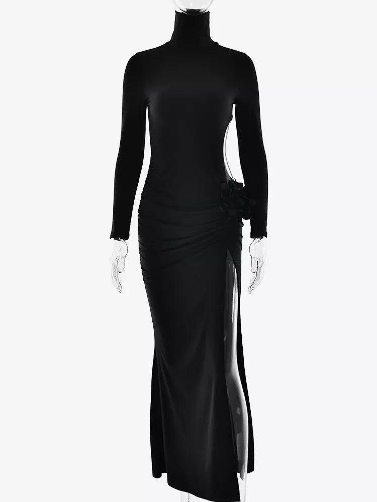 Elegant Flower Cutout Waist Turtleneck Sleeve Long Dress