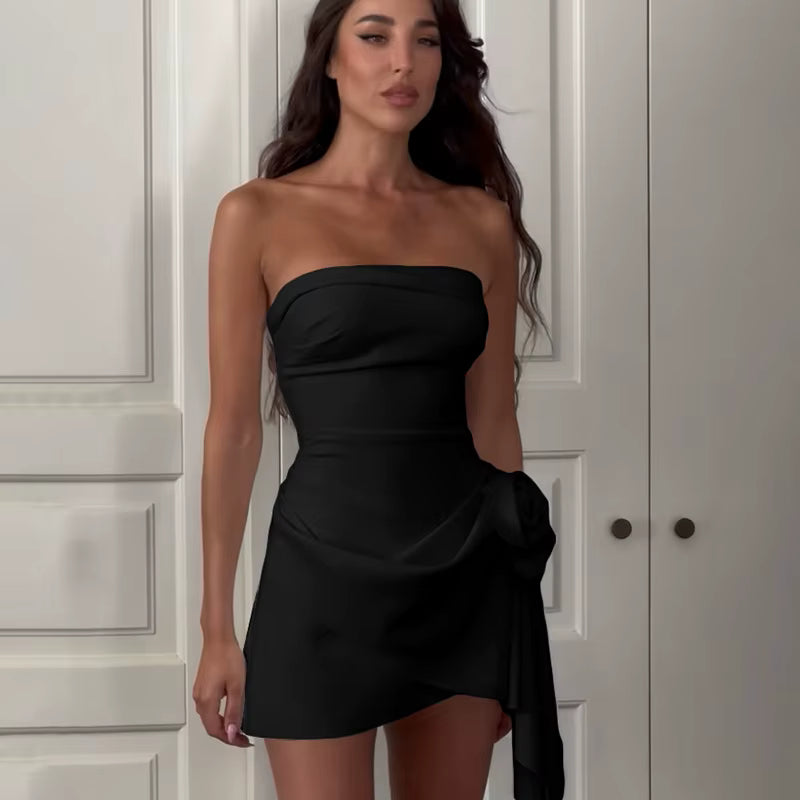 Elegant Flower Decoration Strapless Bow Tight Short Skirt Backless Party Evening Mini Dress