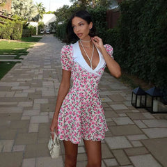 Elegant Flower Print Puff Sleeve Lapel Slim Mini French Dress