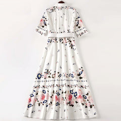 Elegant Flower Print Single-Breasted Maxi Dress