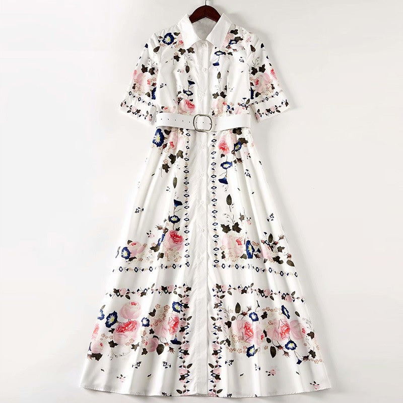 Elegant Flower Print Single-Breasted Maxi Dress