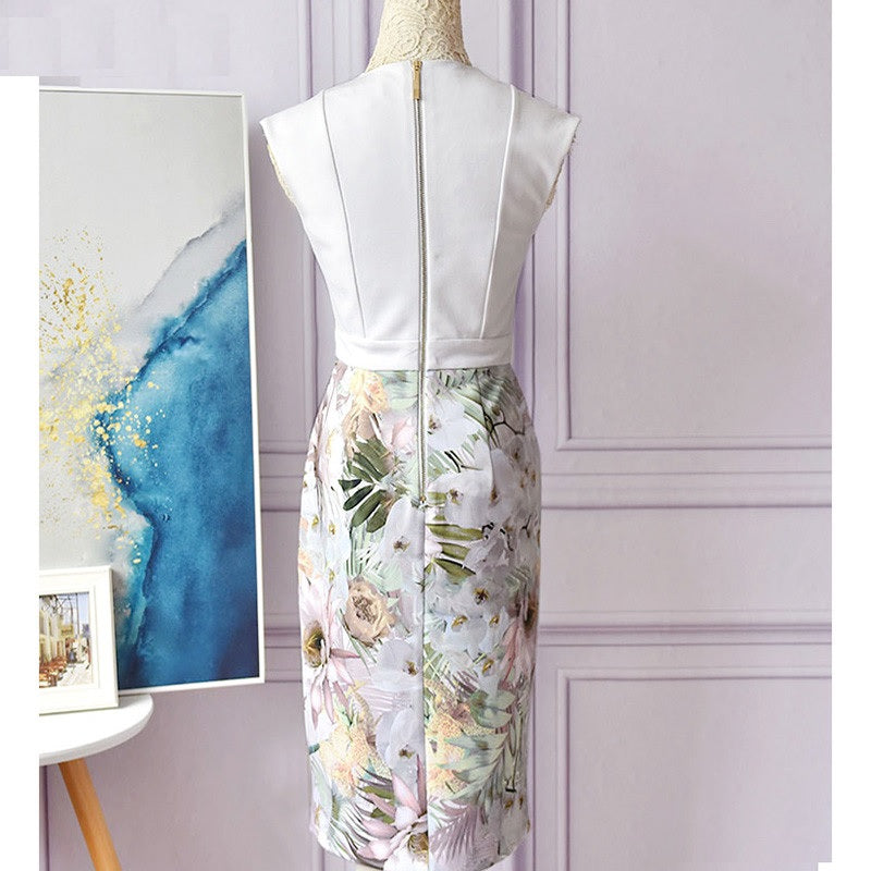Elegant Flower Print Sleeveless Package Buttocks Slim Dresses