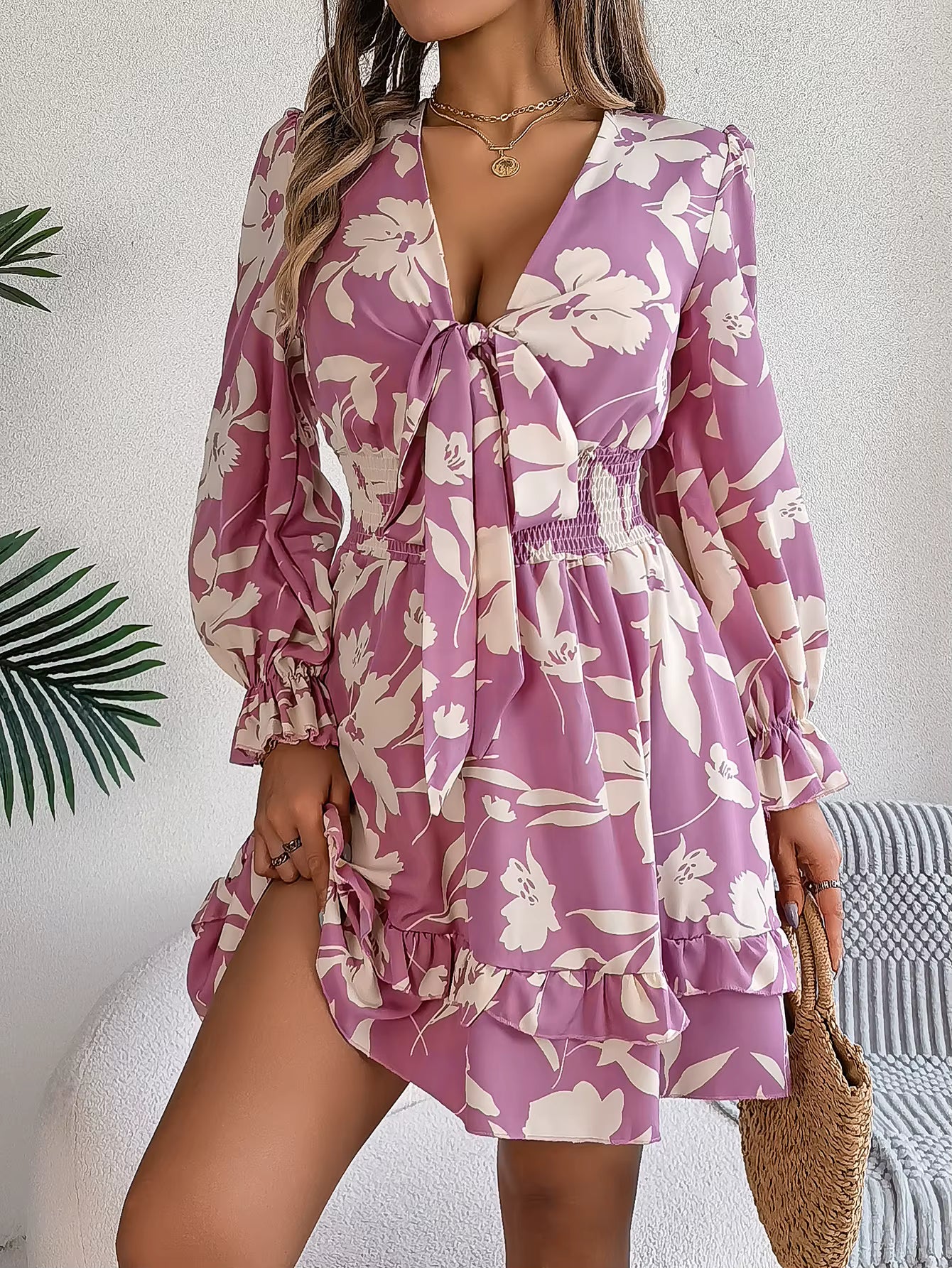 Elegant Flower Print Tie Bow V-Neck Long Sleeved Mini Dress