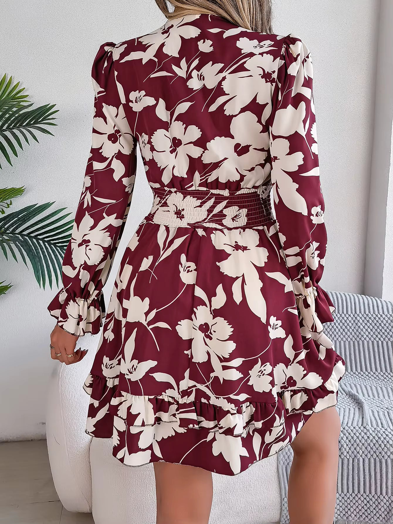 Elegant Flower Print Tie Bow V-Neck Long Sleeved Mini Dress