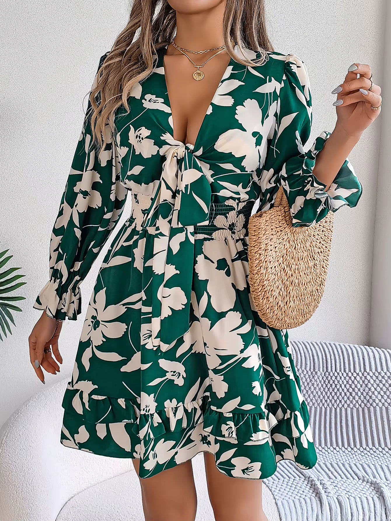 Elegant Flower Print Tie Bow V-Neck Long Sleeved Mini Dress