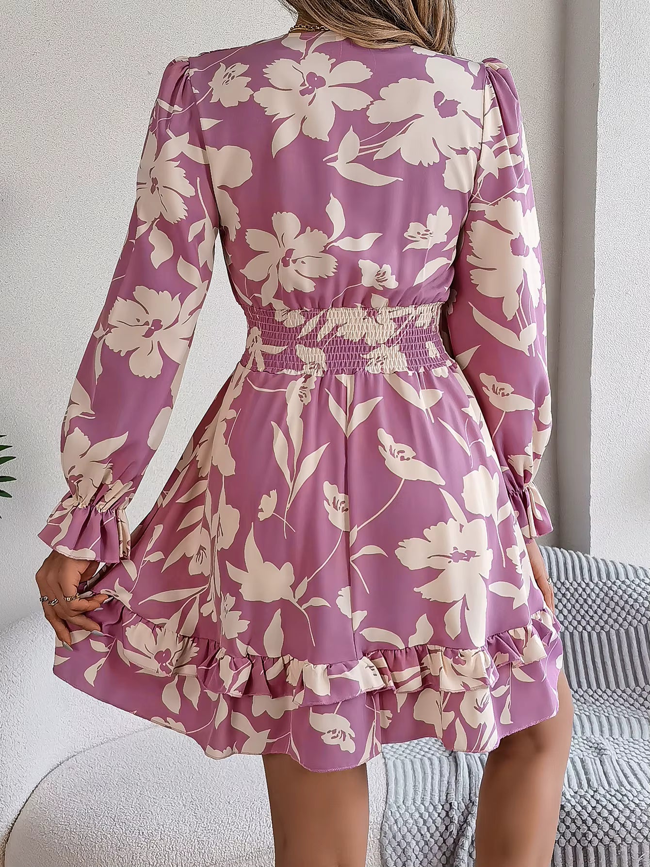 Elegant Flower Print Tie Bow V-Neck Long Sleeved Mini Dress