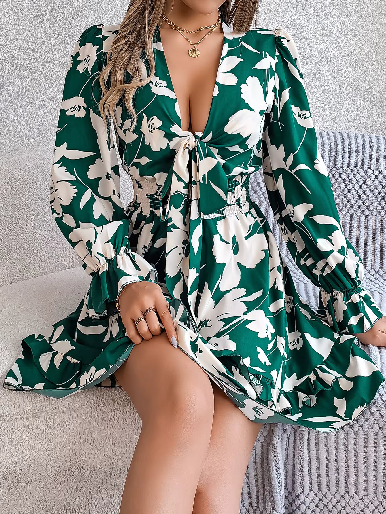 Elegant Flower Print Tie Bow V-Neck Long Sleeved Mini Dress