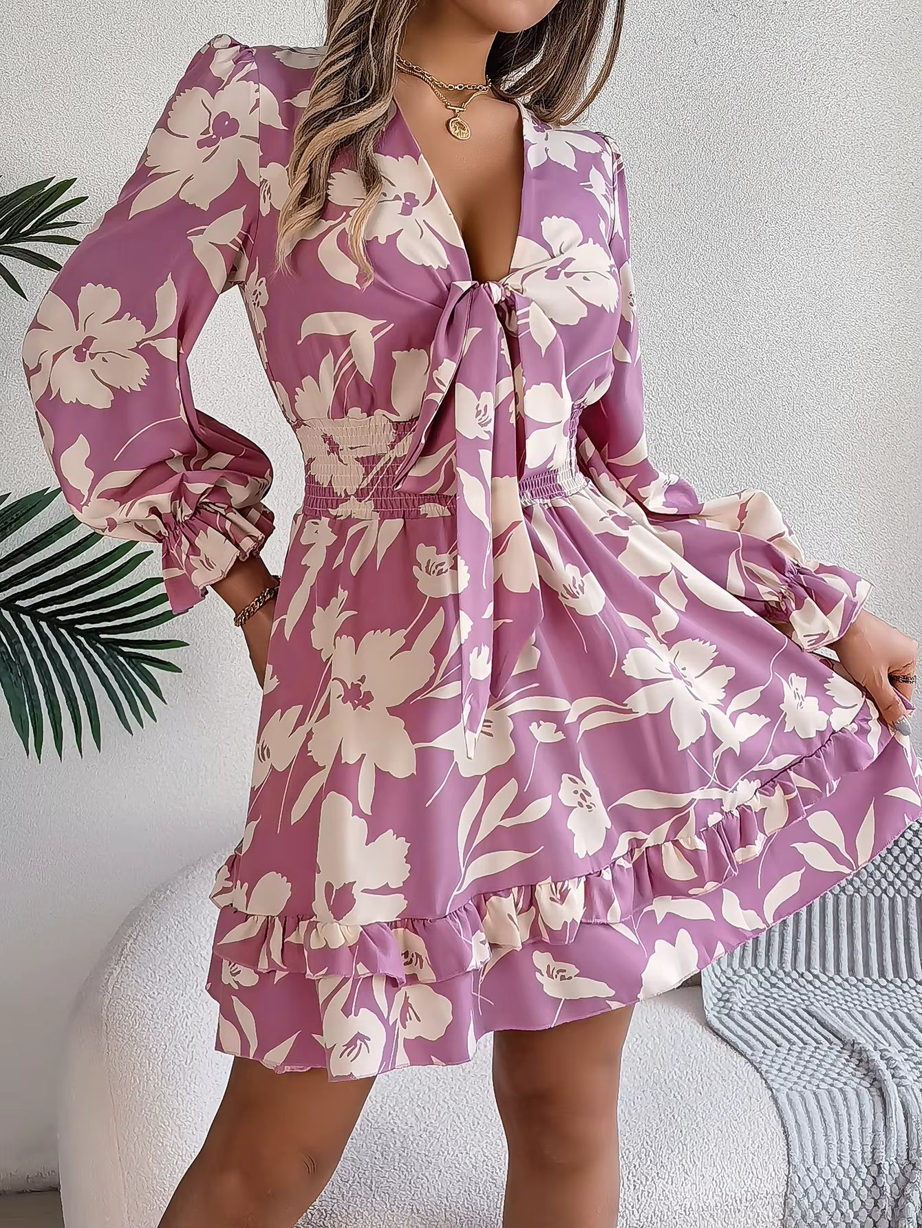 Elegant Flower Print Tie Bow V-Neck Long Sleeved Mini Dress
