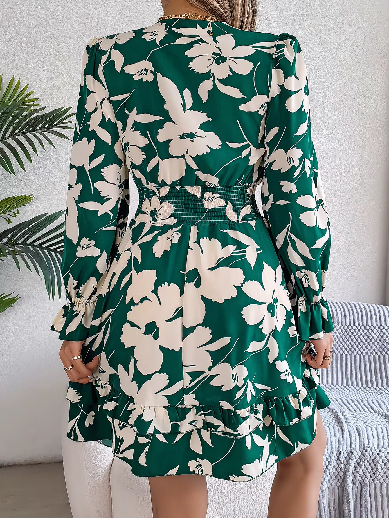 Elegant Flower Print Tie Bow V-Neck Long Sleeved Mini Dress