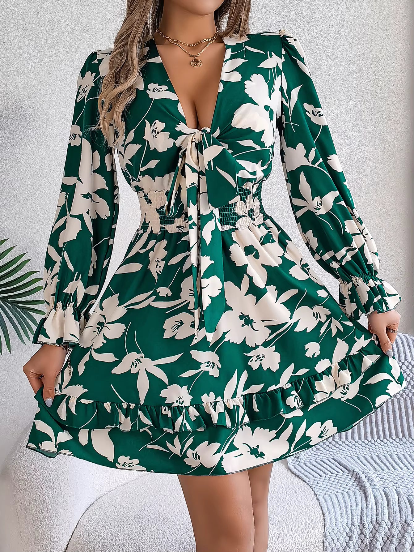 Elegant Flower Print Tie Bow V-Neck Long Sleeved Mini Dress