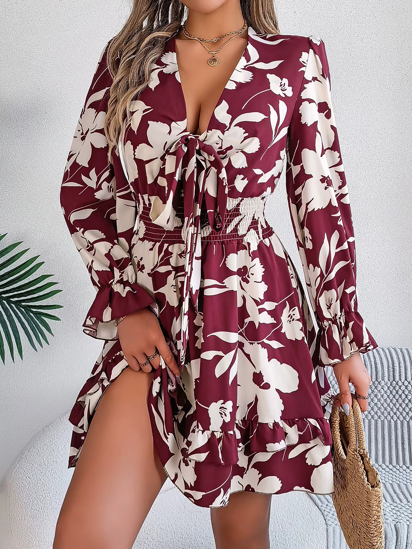 Elegant Flower Print Tie Bow V-Neck Long Sleeved Mini Dress