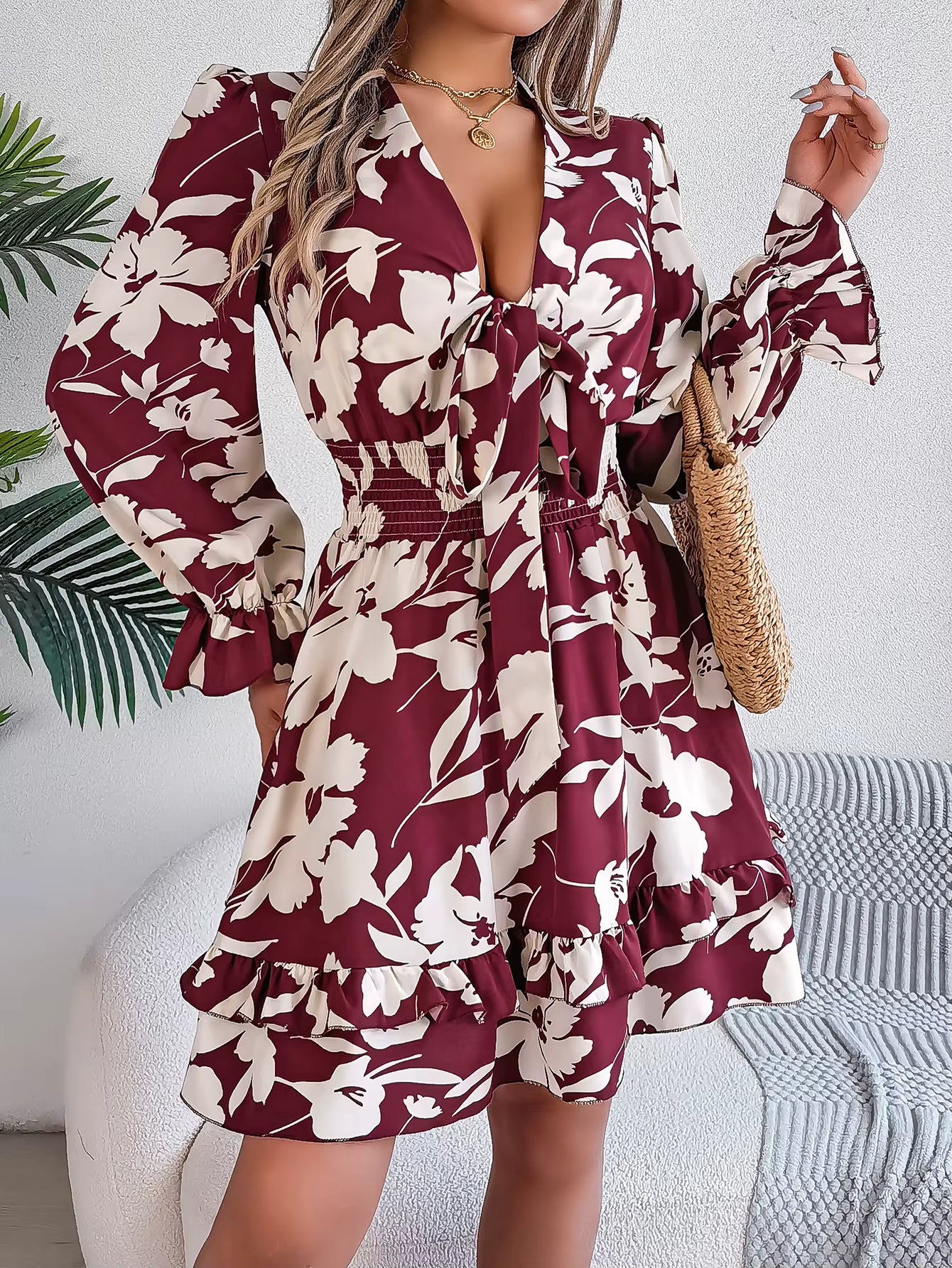 Elegant Flower Print Tie Bow V-Neck Long Sleeved Mini Dress