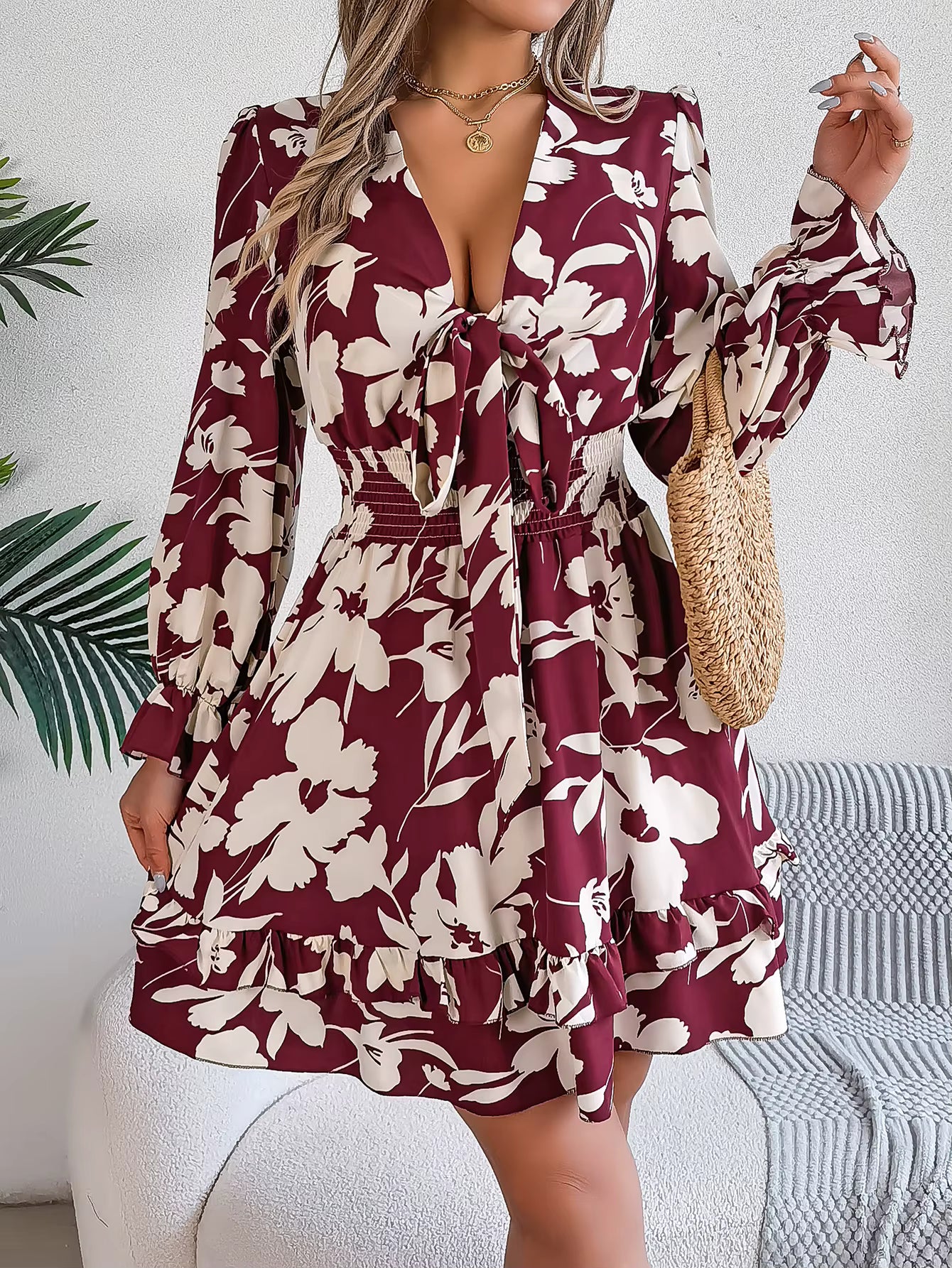 Elegant Flower Print Tie Bow V-Neck Long Sleeved Mini Dress
