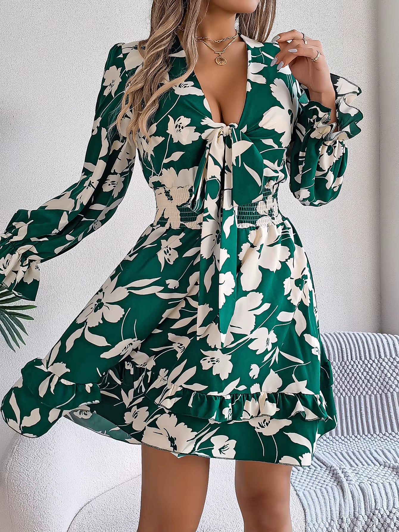 Elegant Flower Print Tie Bow V-Neck Long Sleeved Mini Dress