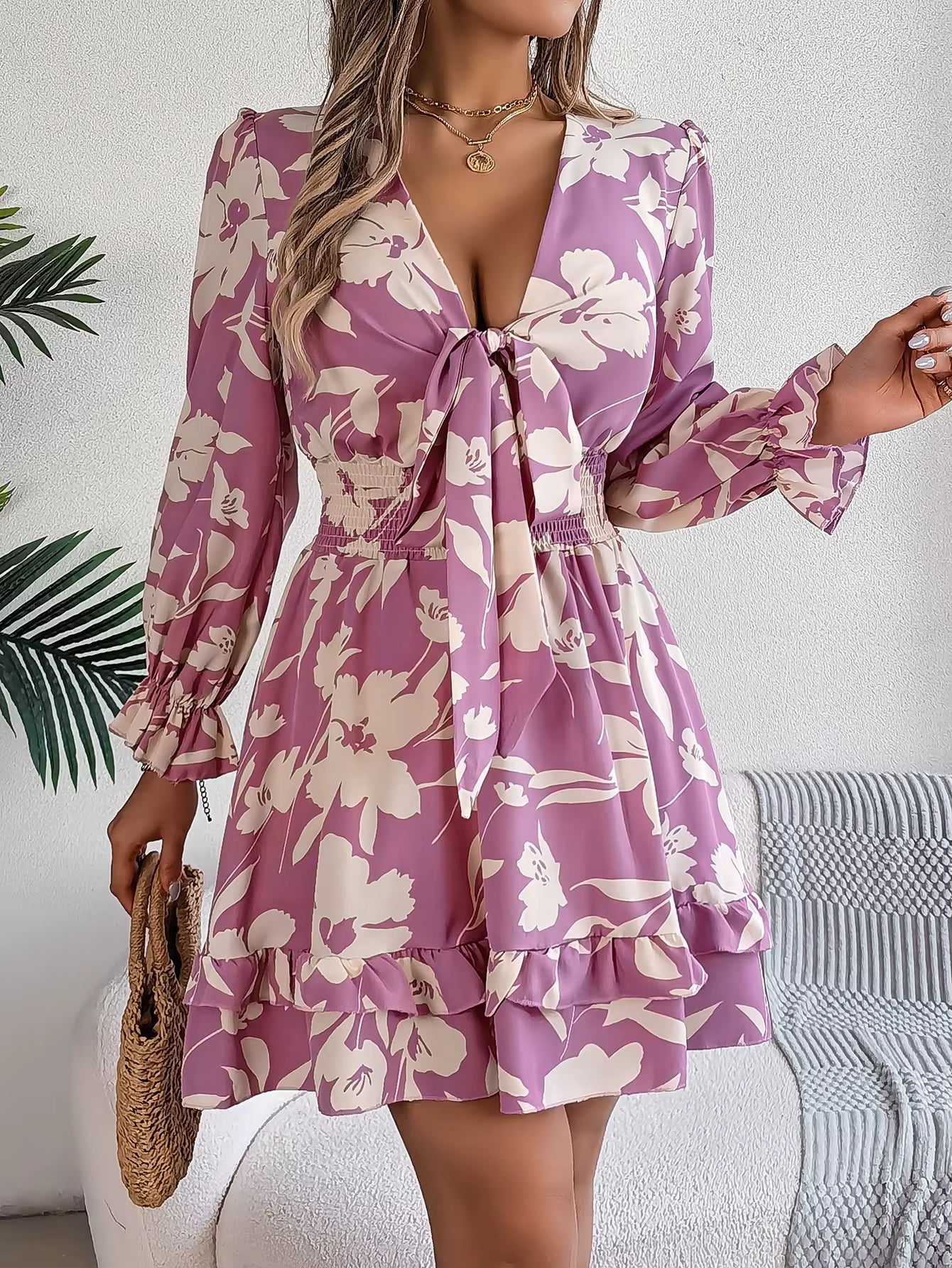 Elegant Flower Print Tie Bow V-Neck Long Sleeved Mini Dress