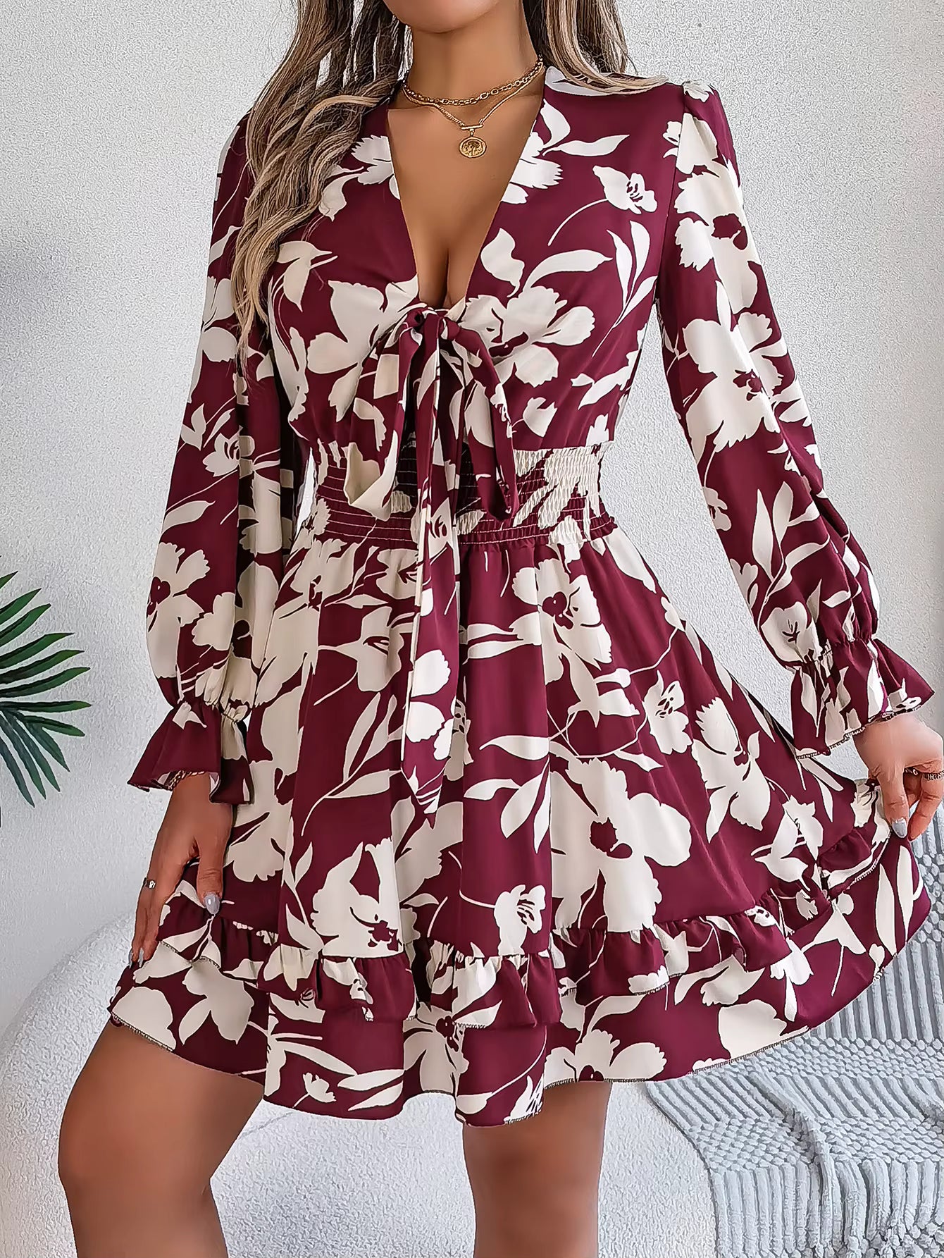 Elegant Flower Print Tie Bow V-Neck Long Sleeved Mini Dress