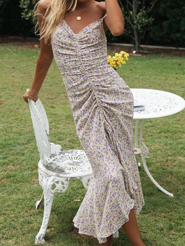 Elegant Flower Printed Ruffles Asymmetric Slip Dress