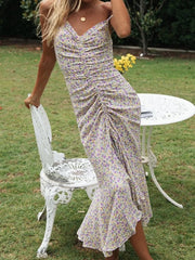Elegant Flower Printed Ruffles Asymmetric Slip Dress