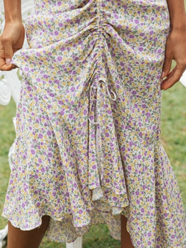 Elegant Flower Printed Ruffles Asymmetric Slip Dress