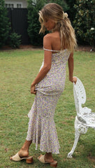 Elegant Flower Printed Ruffles Asymmetric Slip Dress