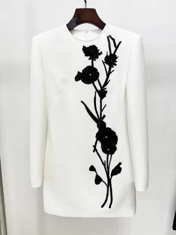 Elegant Flowers Beaded Pullover Long Sleeve Non Stretch Mini Dress