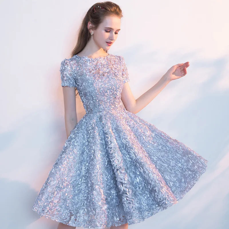 Elegant Flowers High Neck A-LINE Short Sleeve Bespoke Cocktail Party Mini Dress