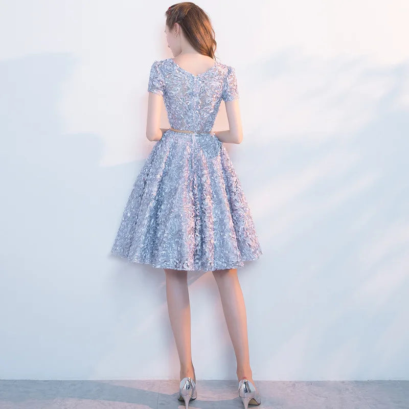 Elegant Flowers High Neck A-LINE Short Sleeve Bespoke Cocktail Party Mini Dress