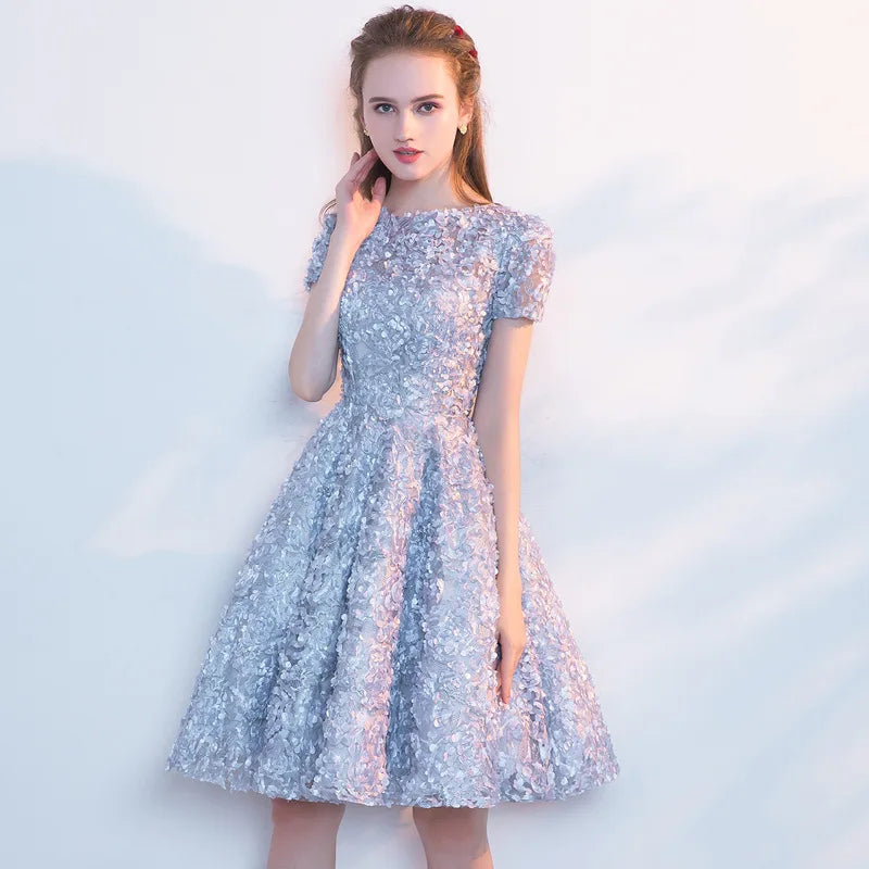 Elegant Flowers High Neck A-LINE Short Sleeve Bespoke Cocktail Party Mini Dress