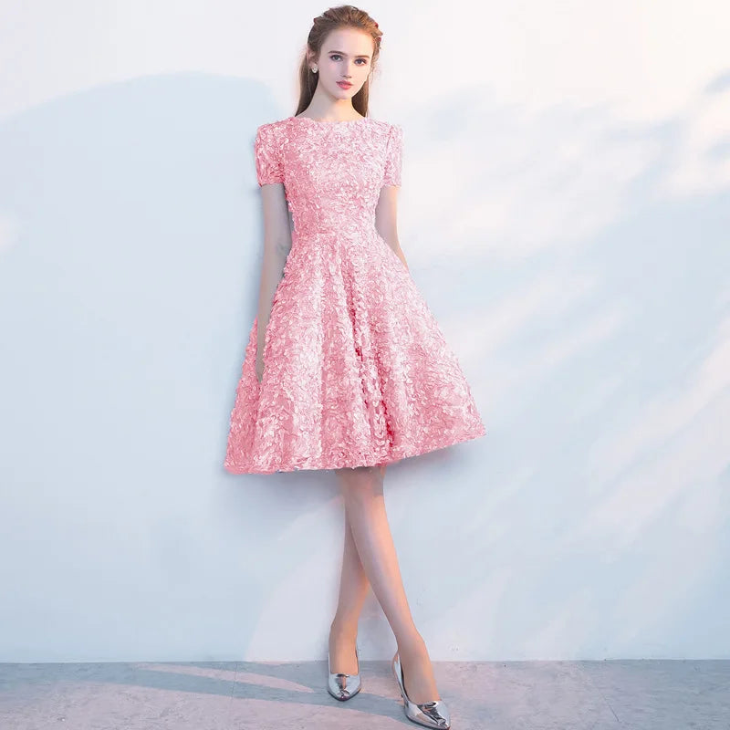 Elegant Flowers High Neck A-LINE Short Sleeve Bespoke Cocktail Party Mini Dress