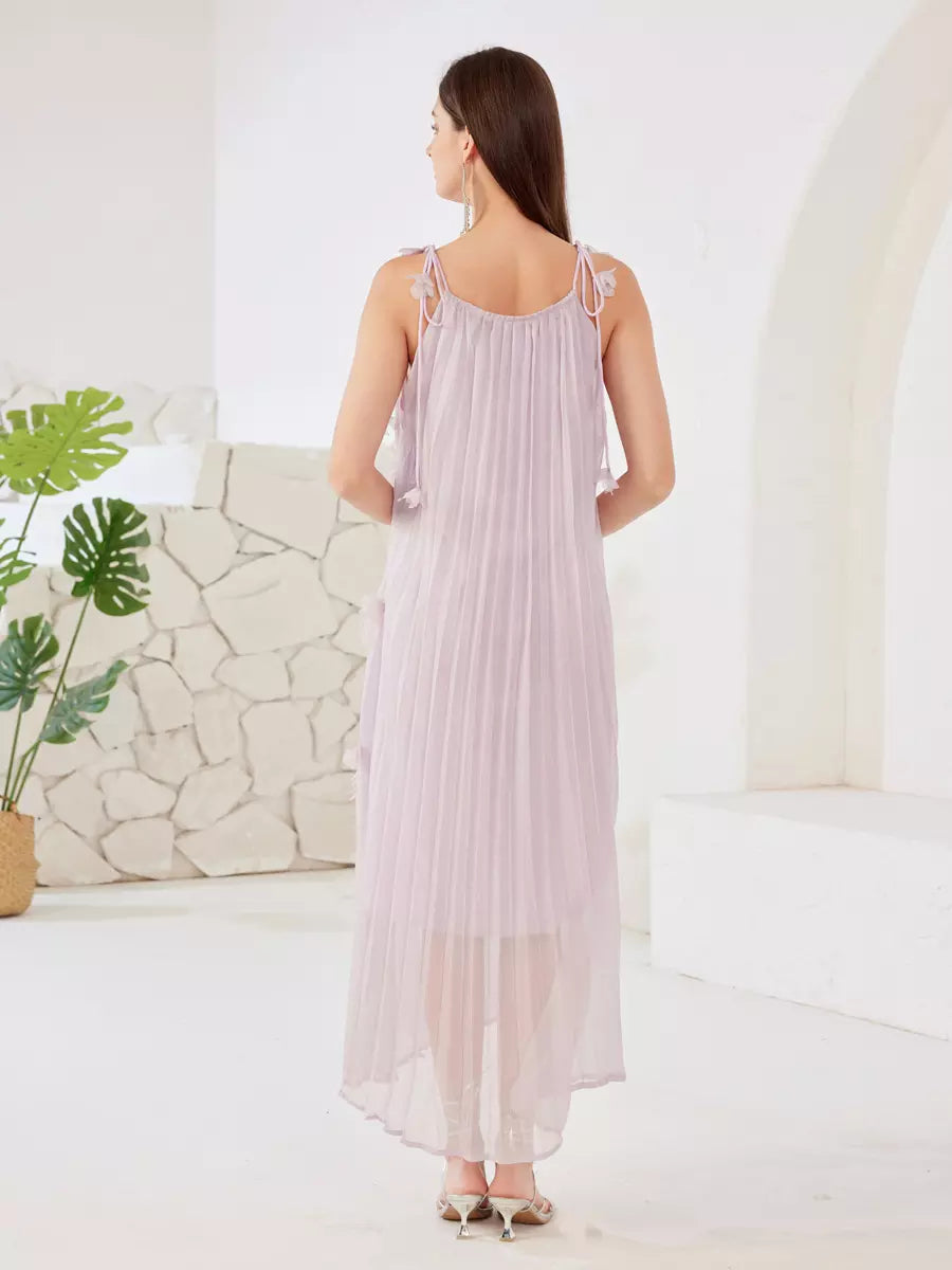 Elegant Flowers Pleated Boho Strap Flowy Sleeveless Maxi Dress