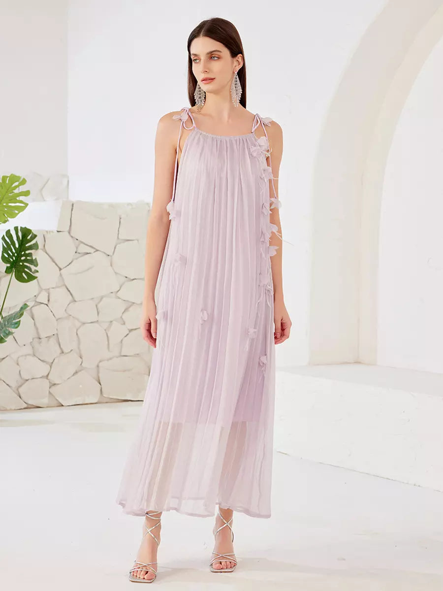 Elegant Flowers Pleated Boho Strap Flowy Sleeveless Maxi Dress
