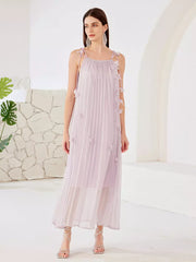 Elegant Flowers Pleated Boho Strap Flowy Sleeveless Maxi Dress