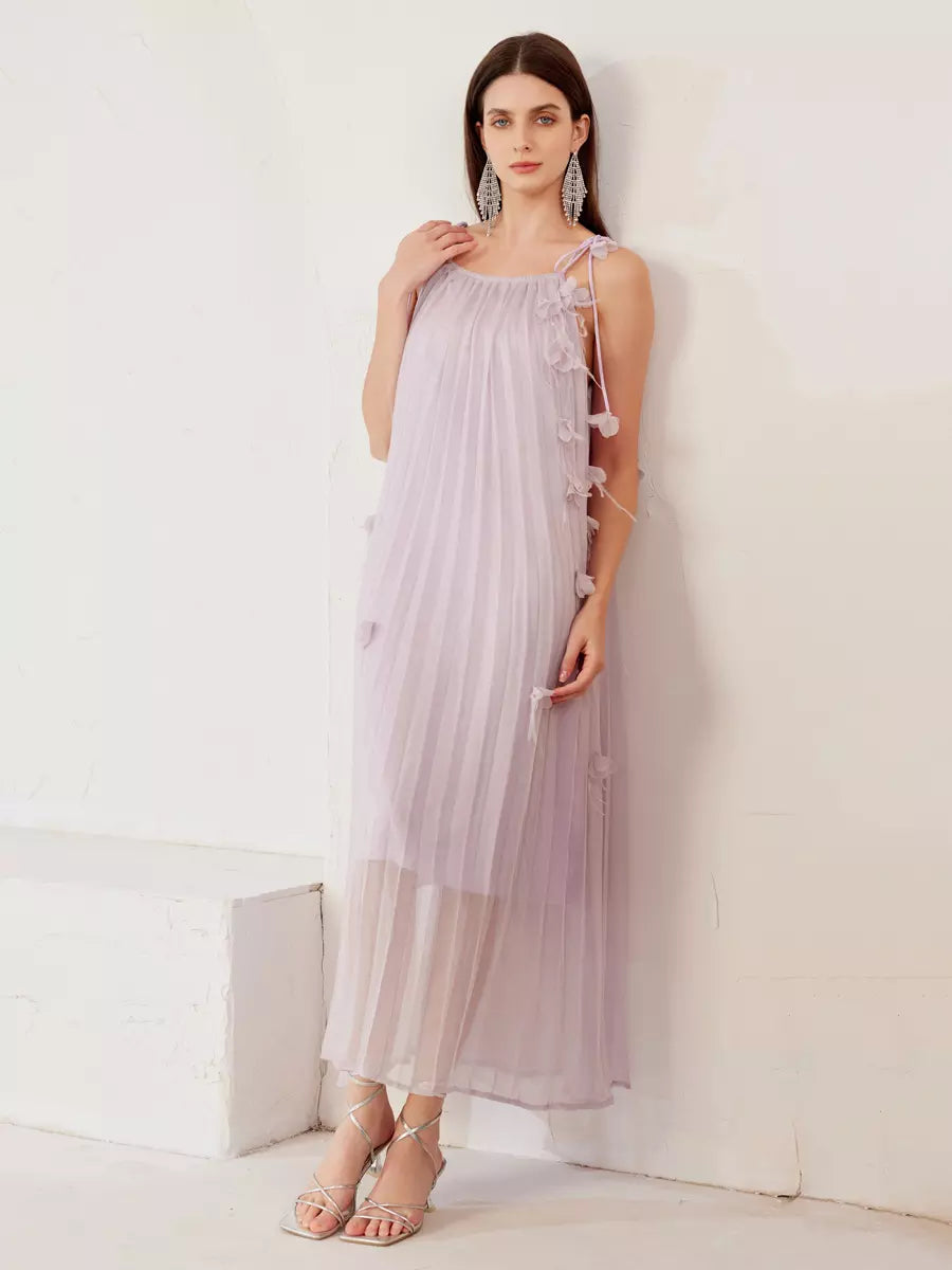 Elegant Flowers Pleated Boho Strap Flowy Sleeveless Maxi Dress