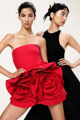 Elegant Flowers Strapless Bandage Slight Stretch Birthday Party Mini Dress