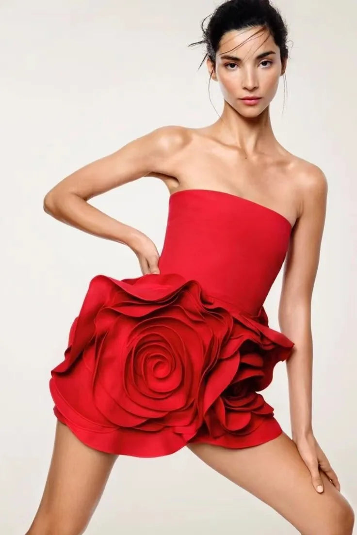 Elegant Flowers Strapless Bandage Slight Stretch Birthday Party Mini Dress