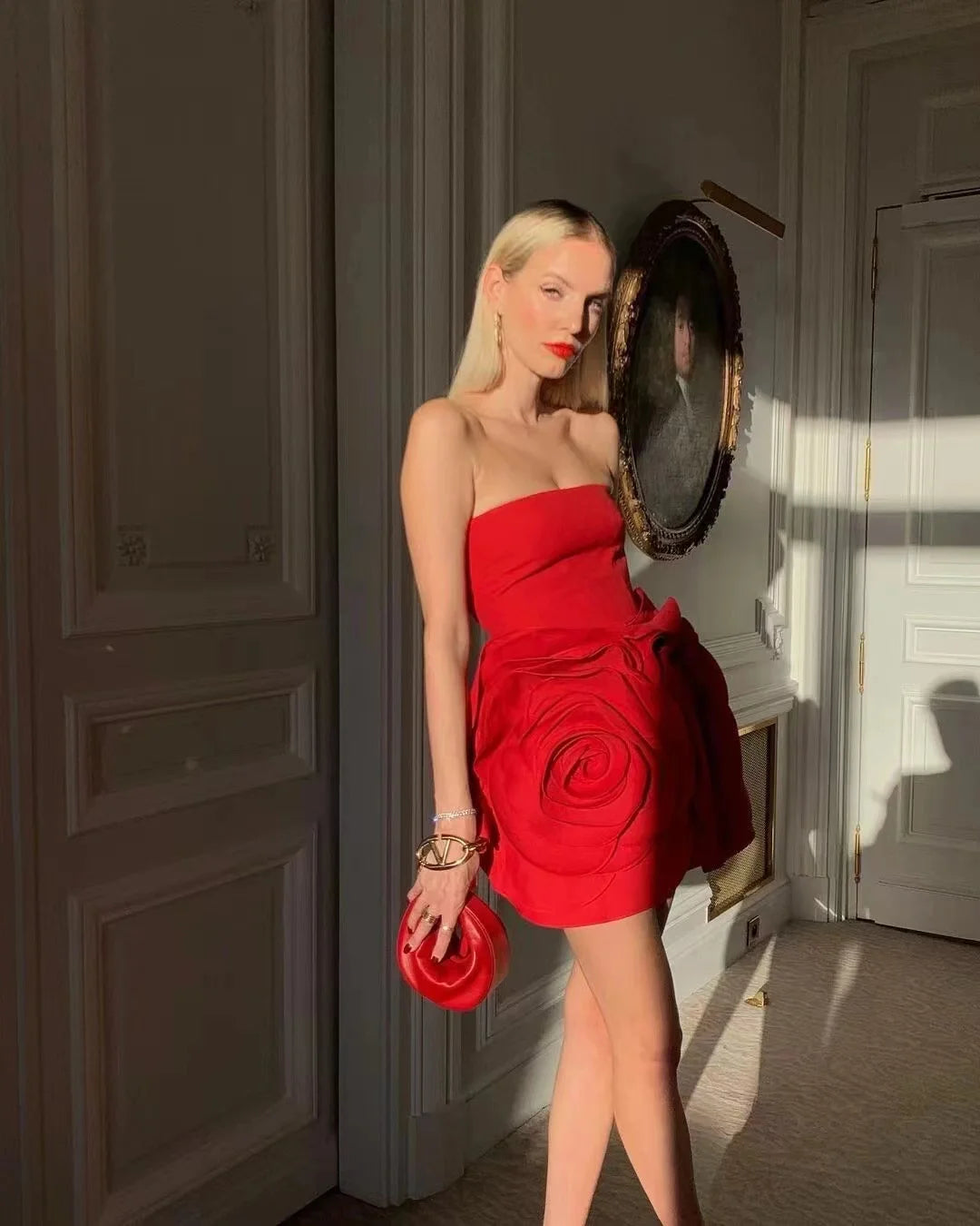 Elegant Flowers Strapless Bandage Slight Stretch Birthday Party Mini Dress
