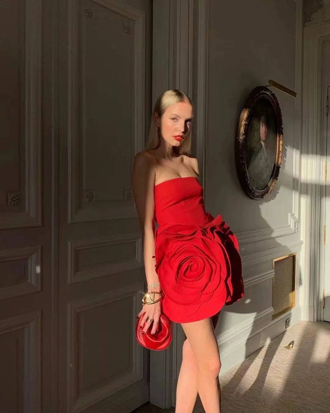 Elegant Flowers Strapless Bandage Slight Stretch Birthday Party Mini Dress