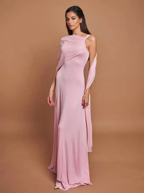 Elegant Flowy Capelet Trumpet Mermaid Sleeveless Maxi Gown