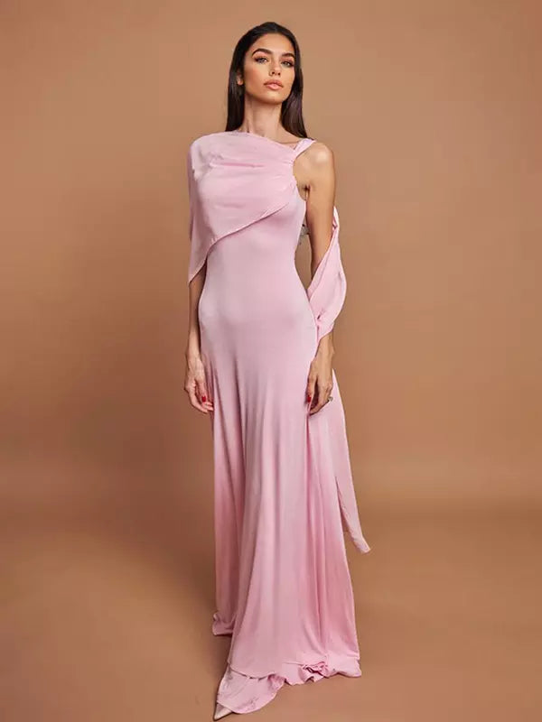 Elegant Flowy Capelet Trumpet Mermaid Sleeveless Maxi Gown