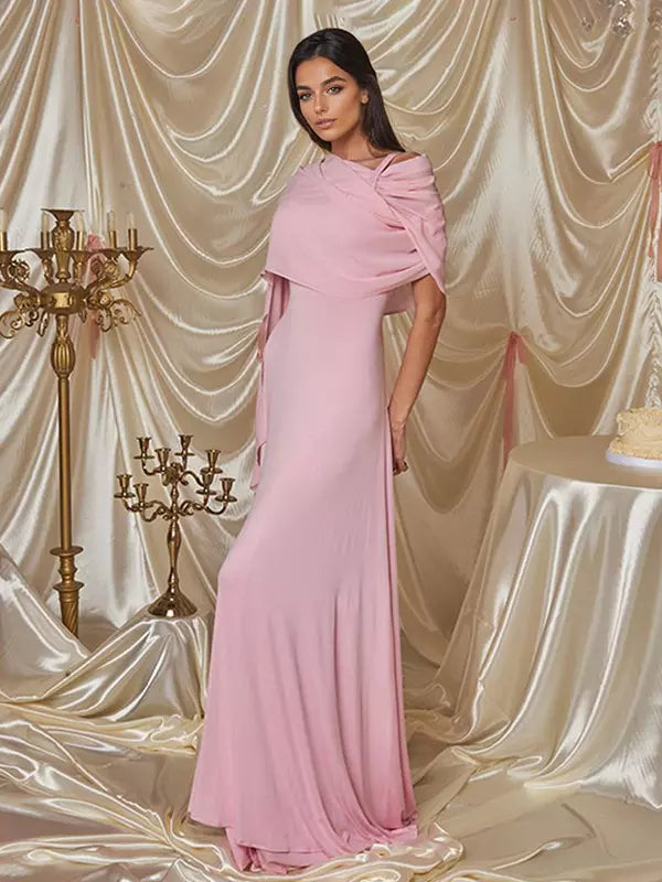 Elegant Flowy Capelet Trumpet Mermaid Sleeveless Maxi Gown