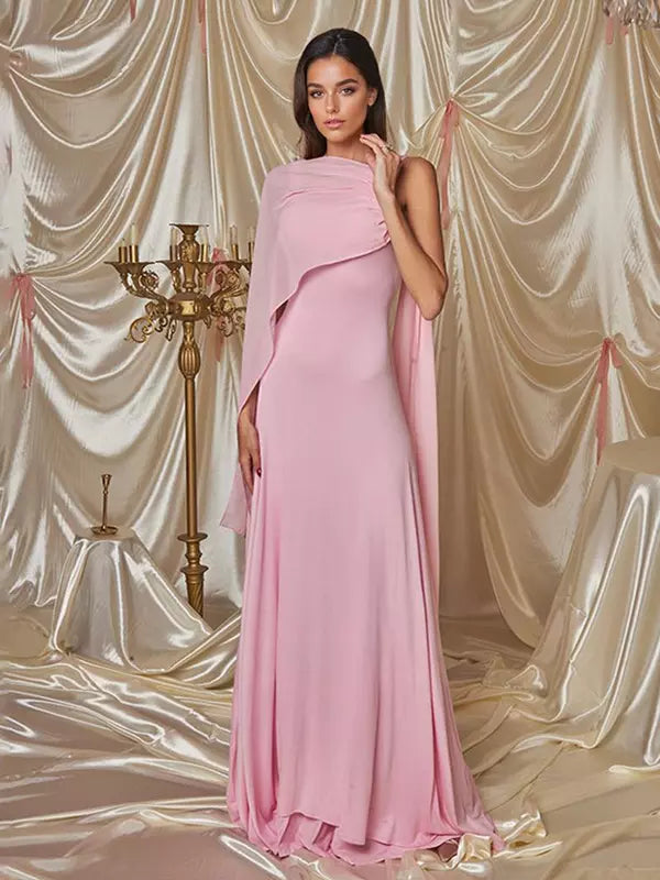 Elegant Flowy Capelet Trumpet Mermaid Sleeveless Maxi Gown