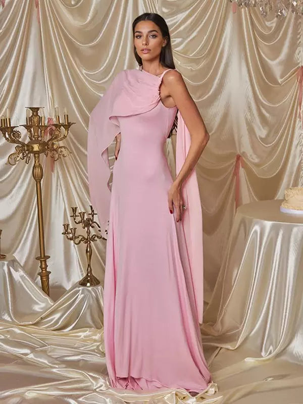 Elegant Flowy Capelet Trumpet Mermaid Sleeveless Maxi Gown