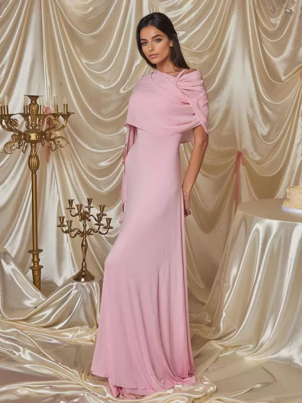 Elegant Flowy Capelet Trumpet Mermaid Sleeveless Maxi Gown