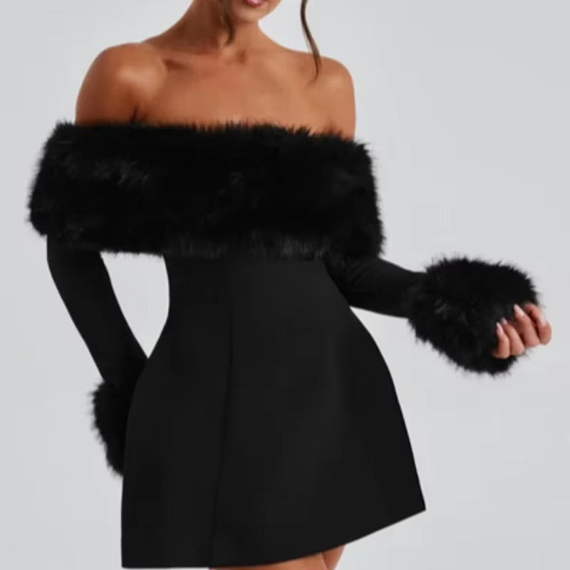 Elegant Fluffy Fur Slash Collar High Waist Slim Mini Dress
