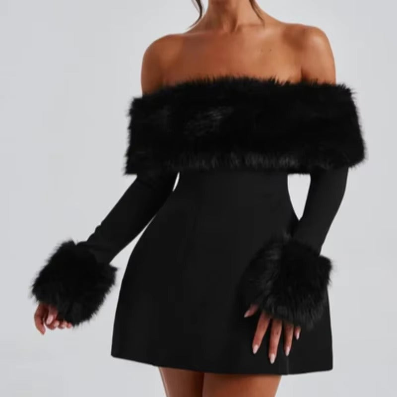 Elegant Fluffy Fur Slash Collar High Waist Slim Mini Dress