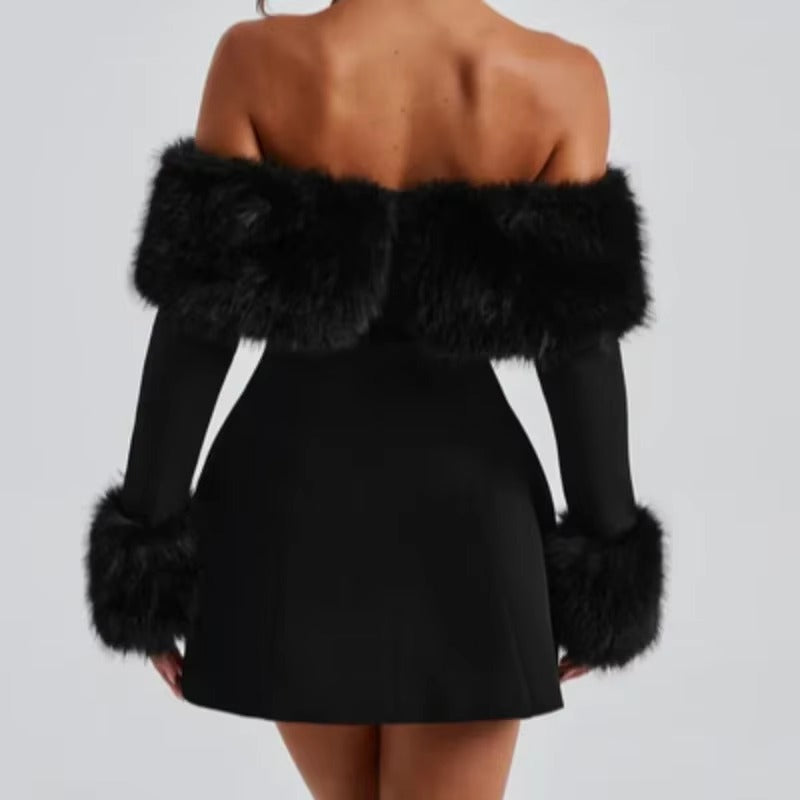 Elegant Fluffy Fur Slash Collar High Waist Slim Mini Dress