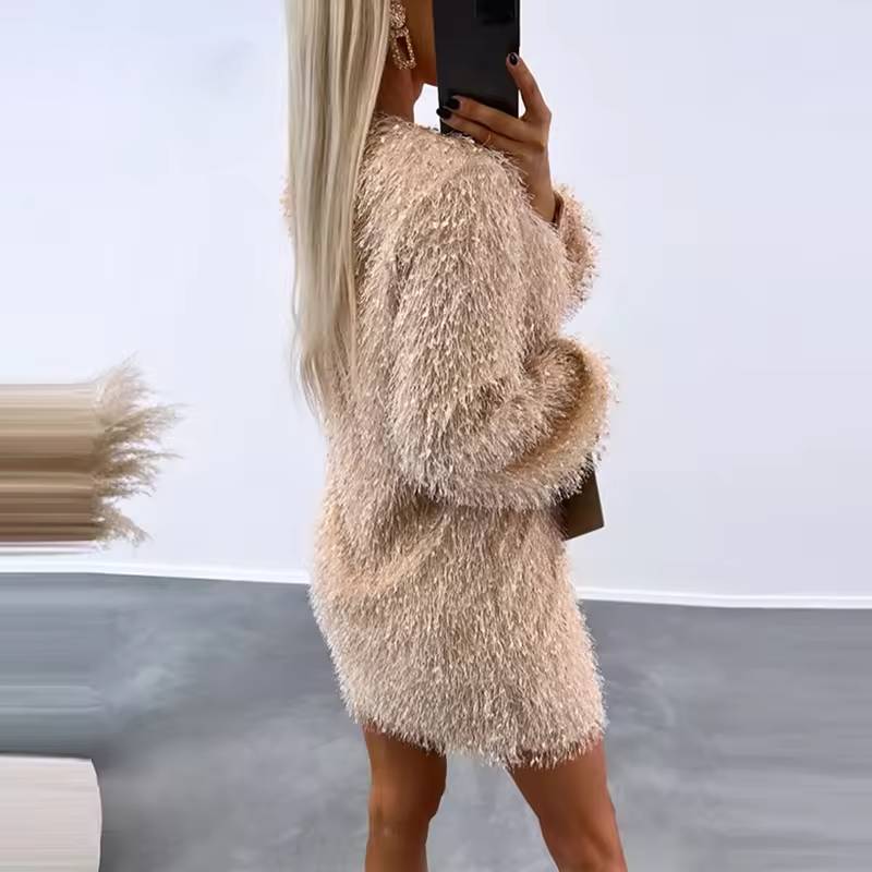 Elegant Fluffy Long Sleeve Christmas Party Mini Dress