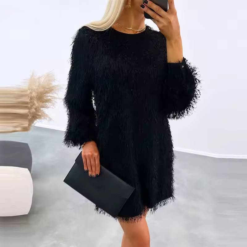 Elegant Fluffy Long Sleeve Christmas Party Mini Dress
